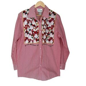 Quacker Factory  Red Striped Button Up Shirt Snowmen‎ Embellish Winter Size: M